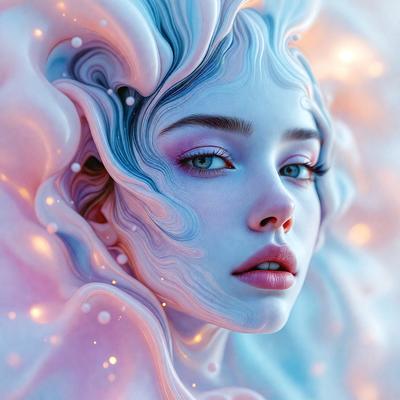 The primary subject of the image is a woman with blue eyes, wearing a blue and pink makeup. She is surrounded by a blue and pink background, which adds to the overall mood of the image. The visual style of the image is digital art, as it appears to be a painting or drawing with a digital touch. The colors and mood of the image are vibrant and lively, with the blue and pink hues creating a sense of energy and creativity.